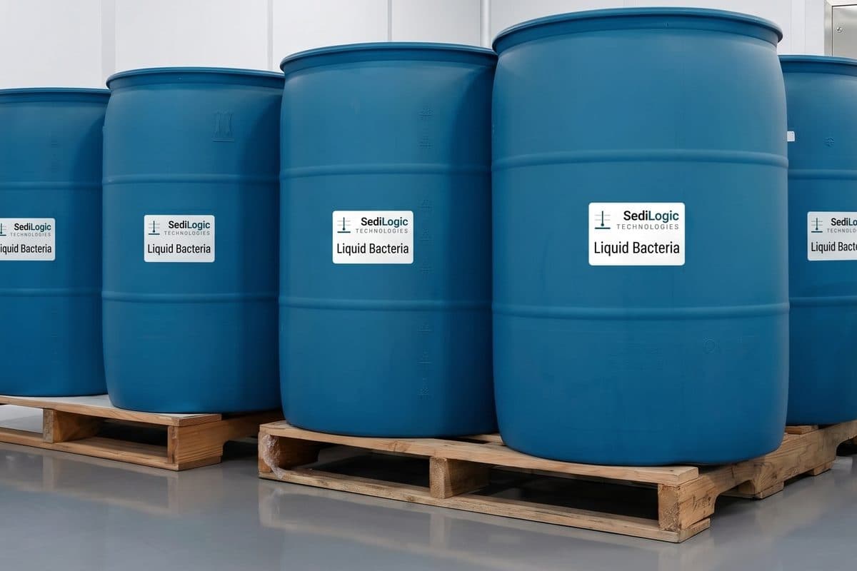 Blue drums labelled SediLogic Liquid Bacteria on a pallet.