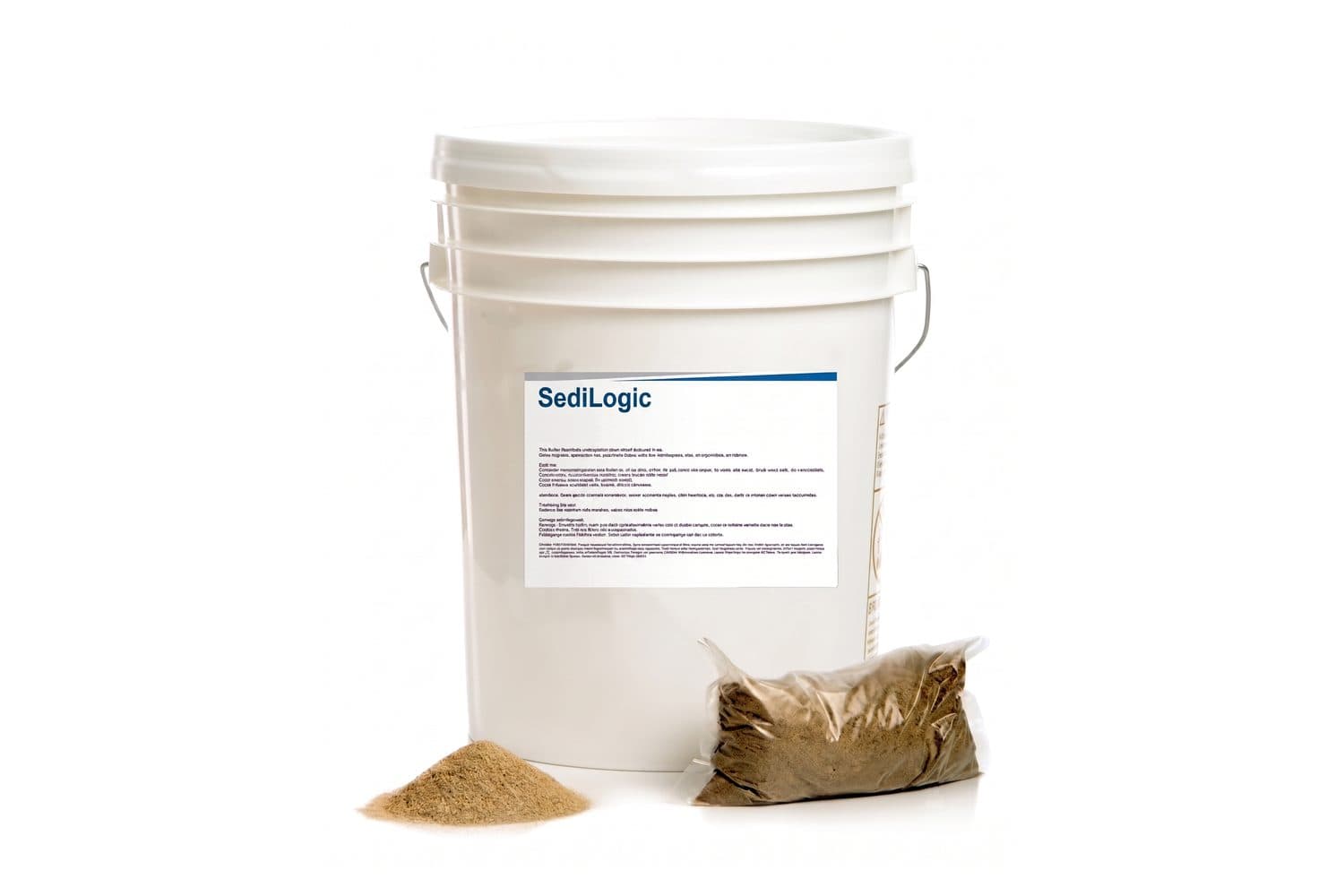 A white plastic pail with a plain printed label, beside a sealed bag of dry brown granular material and a loose pile of the same on a white background.