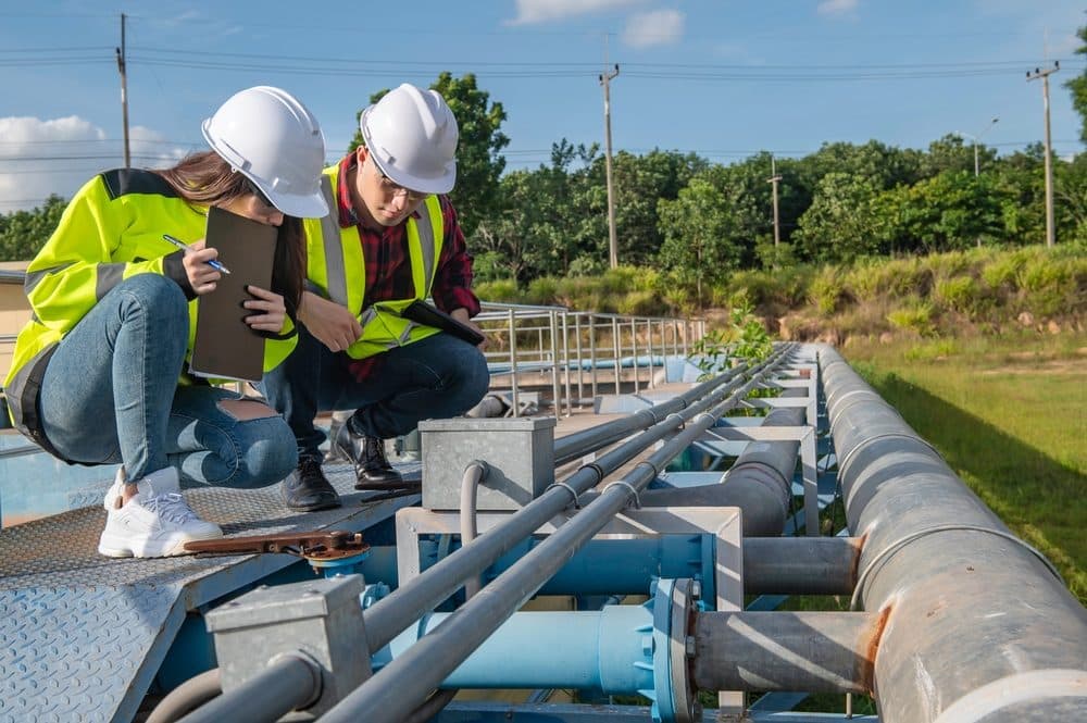 Two engineers in hard hats and hi-vis vests reviewing documentation beside pipework at a wastewater treatment plant.