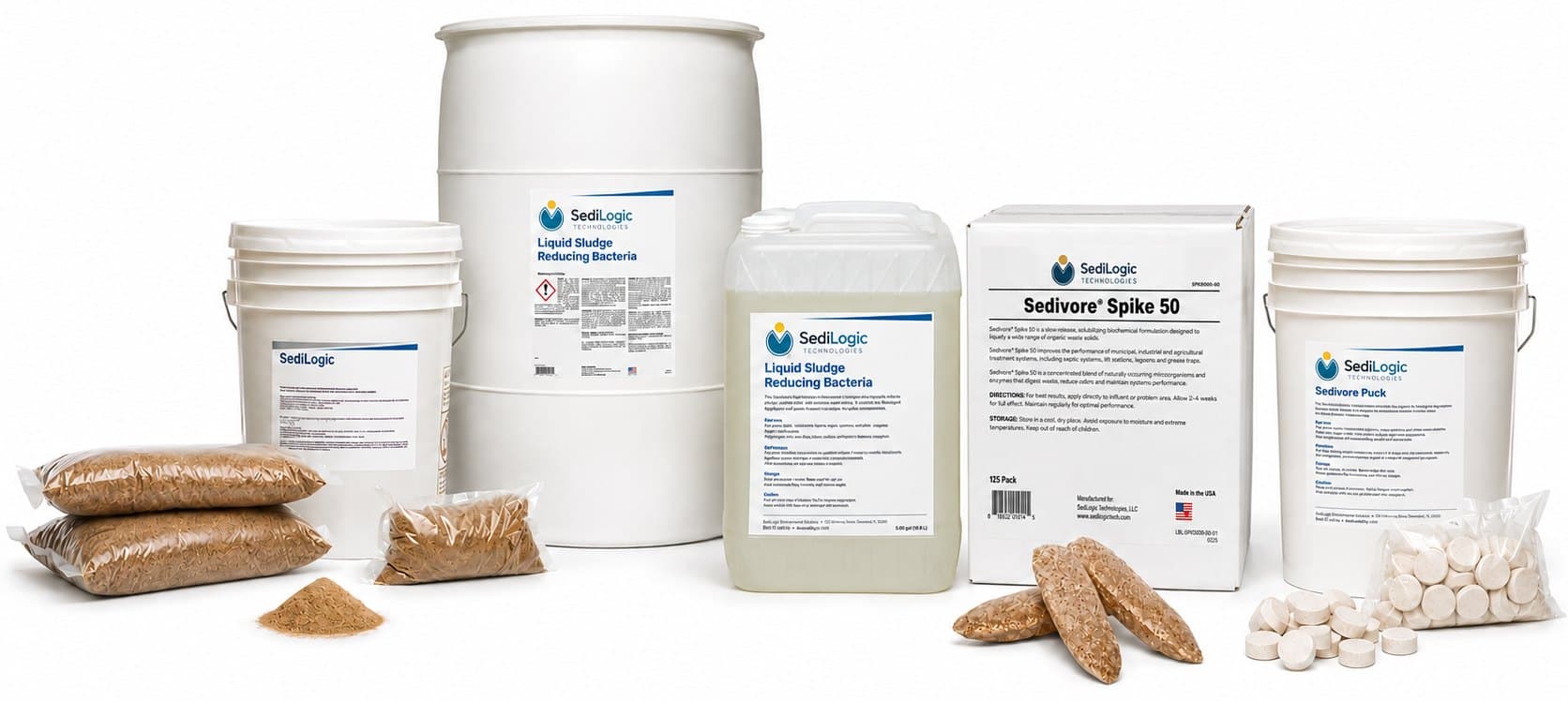 The SediLogic range on a white background: pails, a drum and a jerrycan, a carton, and loose granules, powder, solids and discs in front of them.