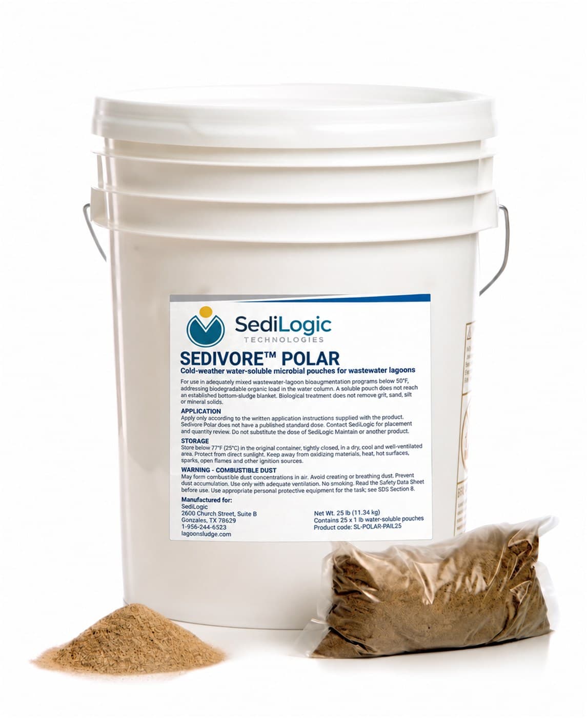 A white plastic pail with a Sedivore Polar label, beside a sealed bag of dry brown granular material and a loose pile of the same on a white background.