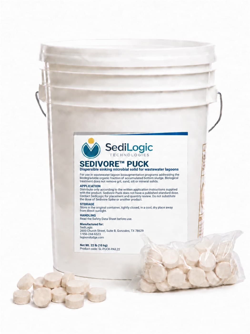 A white plastic pail with a printed label, beside a sealed bag of round off-white discs and a loose pile of the same on a white background.