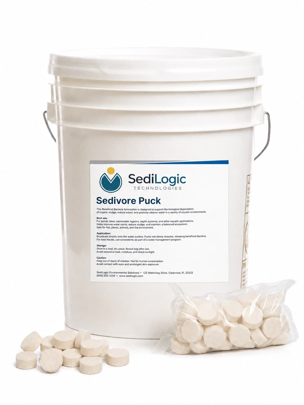 A white plastic pail with a printed label, beside a sealed bag of round off-white discs and a loose pile of the same on a white background.