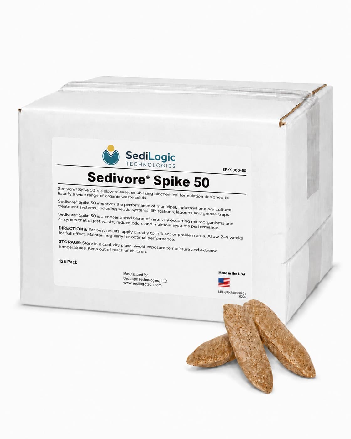 A sealed white carton with a printed label, beside three tapered brown solid units resting on a white background.