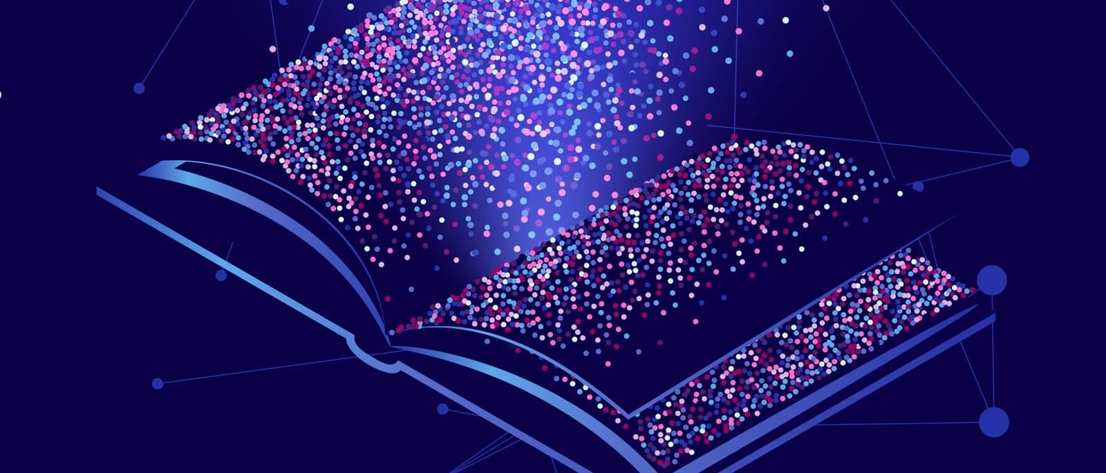 An isometric illustration of an open book from which fine particles of light rise and disperse, rendered in blue, pink and violet dots on a deep navy background.