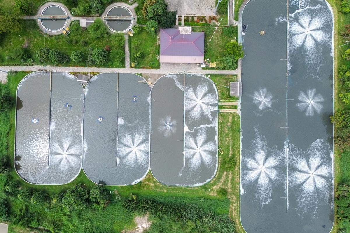 Aerial view of a municipal wastewater treatment works with oval aeration basins and circular clarifiers.